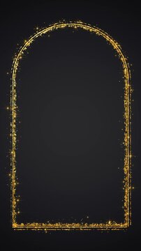 gold arch border frame brush stroke and golden glitter star dust on black animation, luxury grunge paint vertical social media motion design element	