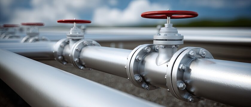 A network of large metal pipes and red valves connects in an industrial area under a bright sky filled with fluffy clouds