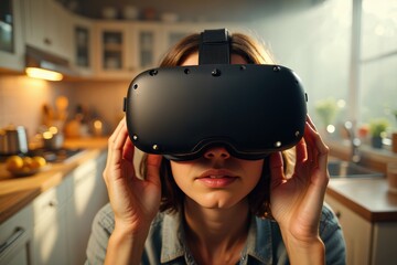 Young woman wearing a virtual reality headset in a bright kitchen, exploring tech.