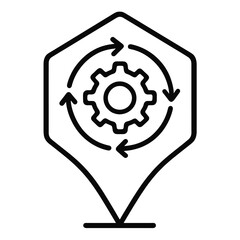 Thin-outline black process optimization icon inside hexagon pin, transparent background, ideal for workflow and operations management UI.