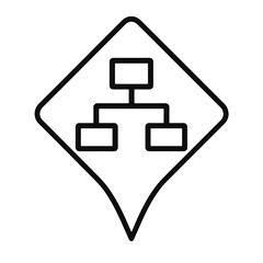 Thin-outline black hierarchical flowchart icon inside diamond pin, transparent background, ideal for operations planning and workflow structure in management dashboards.