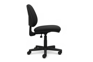 Black ergonomic office chair on wheels, swivel task stool for workspace comfort and productivity on transparent background