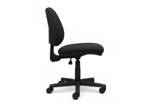 Black ergonomic office chair on wheels, swivel task stool for workspace comfort and productivity on transparent background - Powered by Adobe