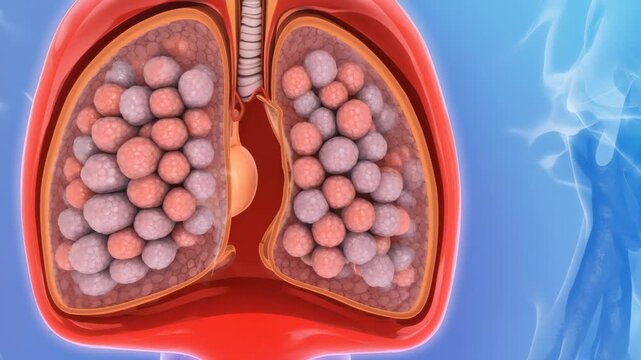 Detailed cross section of healthy human lungs alveoli and bronchioles with blood flow animation video.