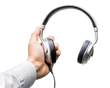 Hand holding silver and over ear headphones isolated on a transparent background