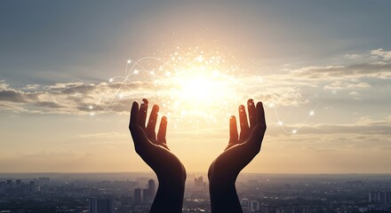 Silhouette of hands cupped upwards towards a bright sun, symbolizing hope, spirituality, and new beginnings