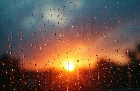 Orange sunset visible through glass covered with raindrops. Sky colors blue and orange. Sunlight and water droplets form an abstract artistic background.