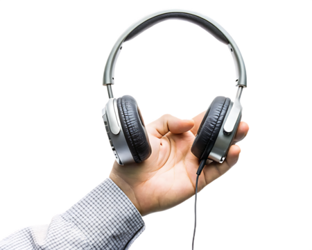 Hand holding silver and over ear headphones isolated on a transparent background 1 - Powered by Adobe