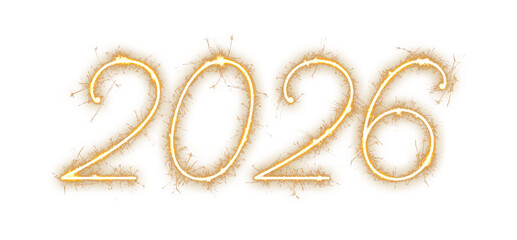 2026 happy new year number written in gold sparkler, an isolated digital element perfect for layering onto festive social media posts, greeting cards, or animated banners to celebrate the New Year
