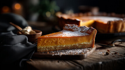 Warm golden pumpkin&ndash;orange pie slice on wooden surface