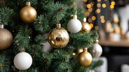 Golden ornaments dangle from tree branches, adding festive charm