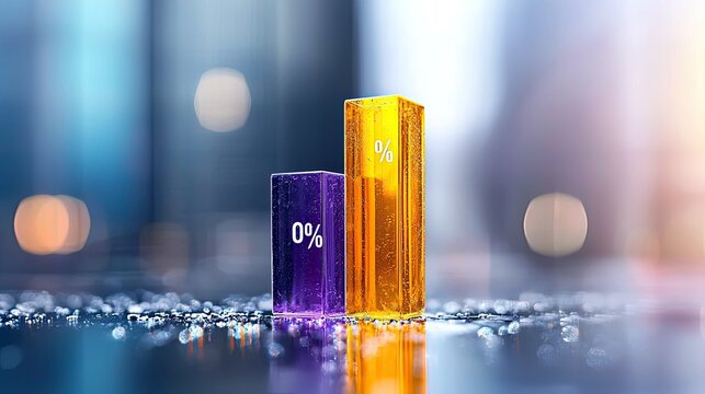 Two bars representing 0% stand on a reflective surface with bokeh lights, symbolizing zero growth or a starting point.