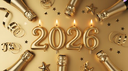 Golden 2026 candles with champagne bottles and confetti for new year celebration