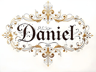 A gold and brown framed name that says Daniel