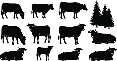 Silhouettes of cows standing and resting, cattle herd farm animals with forest pine trees, livestock illustration for ranch, agriculture and countryside design
