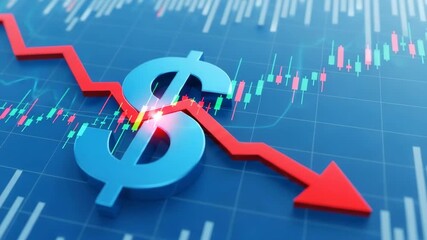 Dollar sign with a red arrow pointing down, symbolizing financial loss or recession - Powered by Adobe