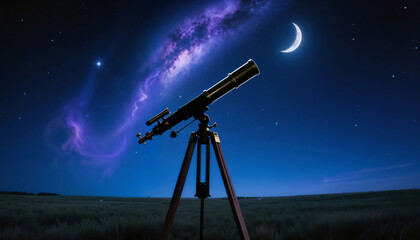 Silhouette of telescope under starry night sky with the Milky Way galaxy and crescent moon for astronomy and space exploration