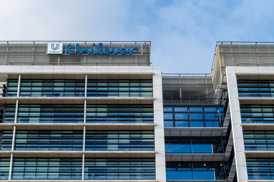 Warsaw, Poland - October 10, 2025: Unilever logo, company logo on building