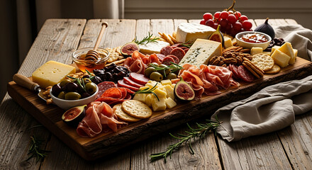 Abundant charcuterie board brimming with gourmet cheeses, cured meats, fruits, and olives for festive gatherings.