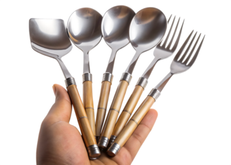 Hand holding silver spoons and forks with wooden handles isolated on a transparent background 1