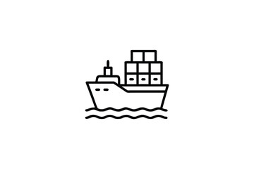 Fototapeta premium Simple Outline Cargo Ship Icon with Stacked Containers and Wavy Lines Representing Global Logistics
