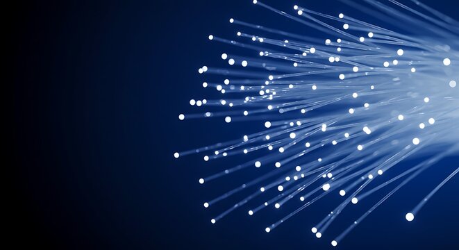 Closeup of glowing fiber optic strands, representing highspeed data transmission and modern communication