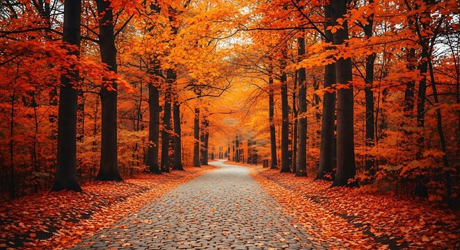 Winding cobblestone path through vibrant orange autumn forest fall road - Powered by Adobe