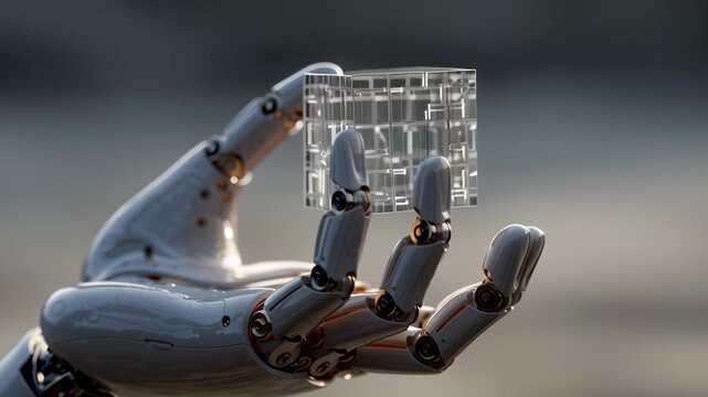 Robot hand holding a crystal cube with light reflections in a futuristic setting