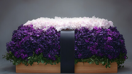 Funeral wreath of flowers with black ribbon on wooden stand against grey background, space for text