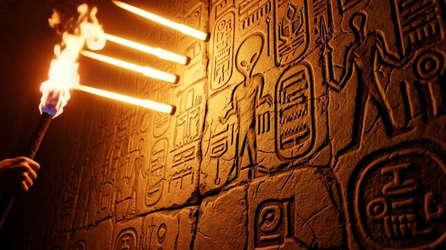 Ancient alien hieroglyphs on a stone wall illuminated by torchlight in a dark cave