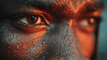 Close-up of a person's intense, sweaty face with water droplets and dramatic lighting.