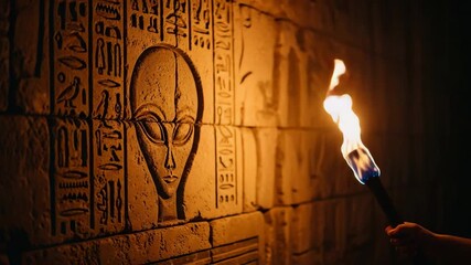 Ancient alien hieroglyphs on a stone wall illuminated by torchlight in a dark cave - Powered by Adobe