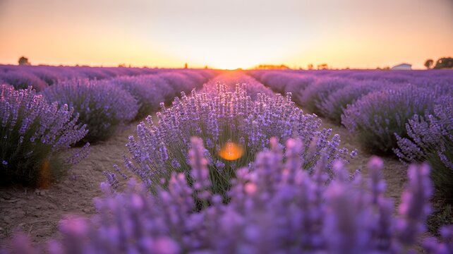 Lavender field at sunrise with purple flowers and glowing morning light

