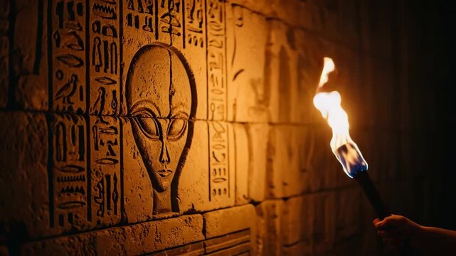 Ancient alien hieroglyphs on a stone wall illuminated by torchlight in a dark cave