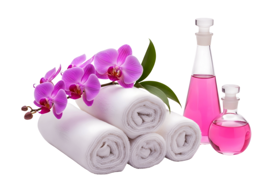 Spa still life with orchid, towel, and massage oil isolated on transparent background