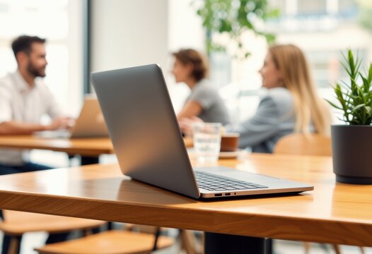 Team of professionals collaborating around a laptop in a bright modern office setting - Powered by Adobe