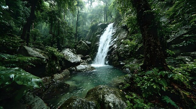 Lush tropical waterfall cascading into a clear emerald pool in a vibrant jungle.