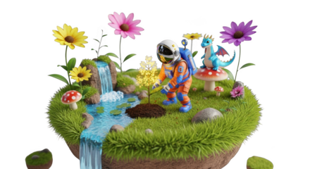 Astronaut planting a tree on a grassy floating island with a dragon, waterfall and flowers on a black background Keywords: astronaut, planting, tree, grassy