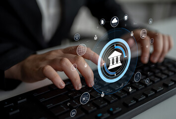 A global FinTech and digital banking network technology concept. A central financial system connected to the worldwide digital economy and services. Motif