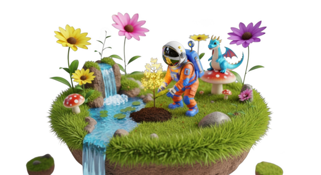 Astronaut planting a tree on a grassy floating island with a dragon, waterfall and flowers on a black background Keywords: astronaut, planting, tree, grassy