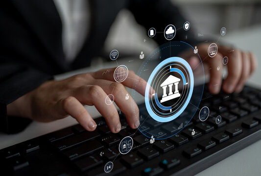 A global FinTech and digital banking network technology concept. A central financial system connected to the worldwide digital economy and services. Motif