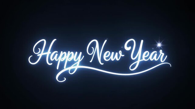 Elegant Happy New Year message written in a glowing cursive script, with a gentle light stroke tracing the festive lettering against a dark background
