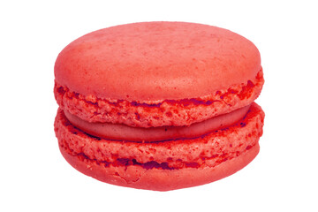 Macaron isolated. Close-up of a single original french red macaroon cookies isolated on a white background. Pastries, desserts and sweets. Macro photograph.