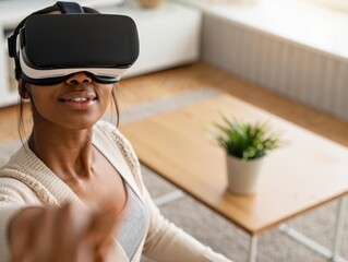 Woman wearing virtual reality headset smiles while exploring immersive digital space.