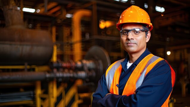 Male engineer in orange safety helmet and vest stands in a busy industrial plant.