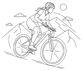 Naklejka premium A line drawing of a female cyclist riding a mountain bike, bicycle, bicycle helmet, biker, cycle, girl, illustration, mountain, mountain bike, ride, woman, against transparent background