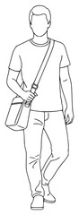 A line drawing of a man walking with a bag, bag, briefcase, carry, hand, illustration, man, messenger bag, shopping bag, shoulder bag, walk, against transparent background