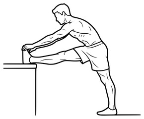 A line drawing of a man stretching his legs while sitting on a table, balance, bend, hurdle, illustration, ledge, man, muscle, push, stool, stretch, against transparent background