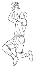 A black and white line drawing of a basketball player shooting a ball, ball, basketball, basketball player, black, dunk, illustration, jump, man, play, profile, sketch, against transparent background