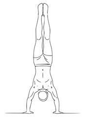 A line drawing of a person performing a handstand, athletic, balance, floor, gymnast, handstand, illustration, man, pose, stand, stretch, woman, against transparent background